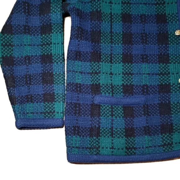 Vintage Crystal Kobe Cardigan Acryli Sweater Green Tartan Plaid Gold Buttons 80s - Picture 2 of 12